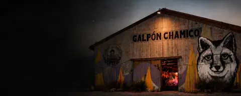 Fachada nocturna del Galpón Chamico con mural y entrada iluminada